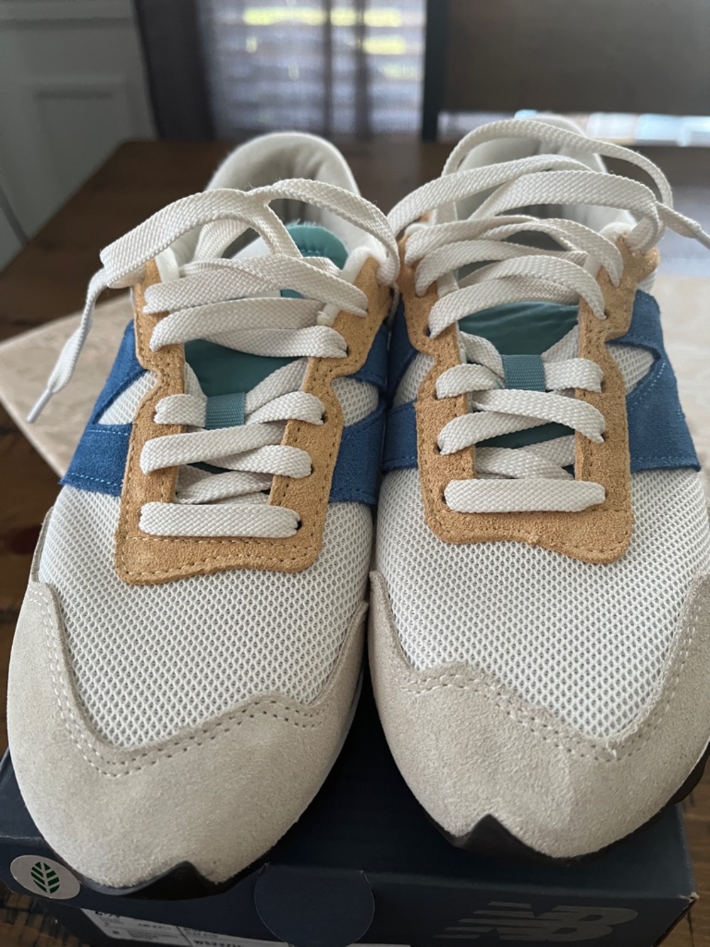 New Balance 237 Women’s White Sneakers with Blue and Tan Accents